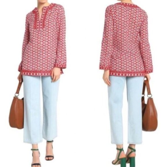 Tory Burch Jayne Nantucket Red Daisy Floral Embroidered Cotton Tunic - Picture 2 of 12